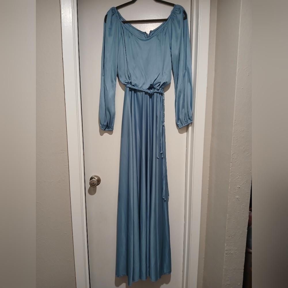 Vtg 70s Blue Maxi Dress, Cut out Arm Sleeves,  Cord Belt, See Measurements.